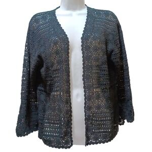 April‎ Cornell Crochet Knit Womens M Cardigan Black Boho Cottage Granny Layer